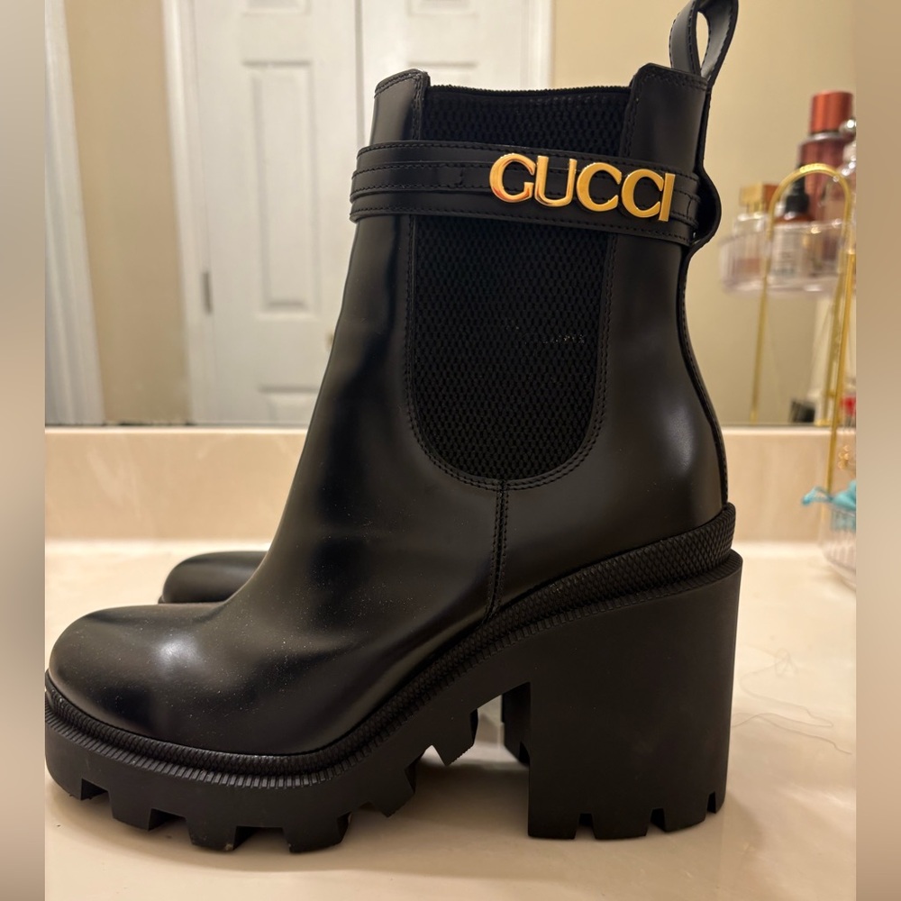 Gucci Black Heeled Boots with Gold Accent